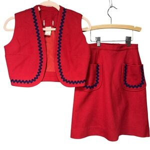 Vintage Wool‎ Skirt A-Line Vest Set Womens SM 5/6 Red Rickrack Pockets Lined 60s